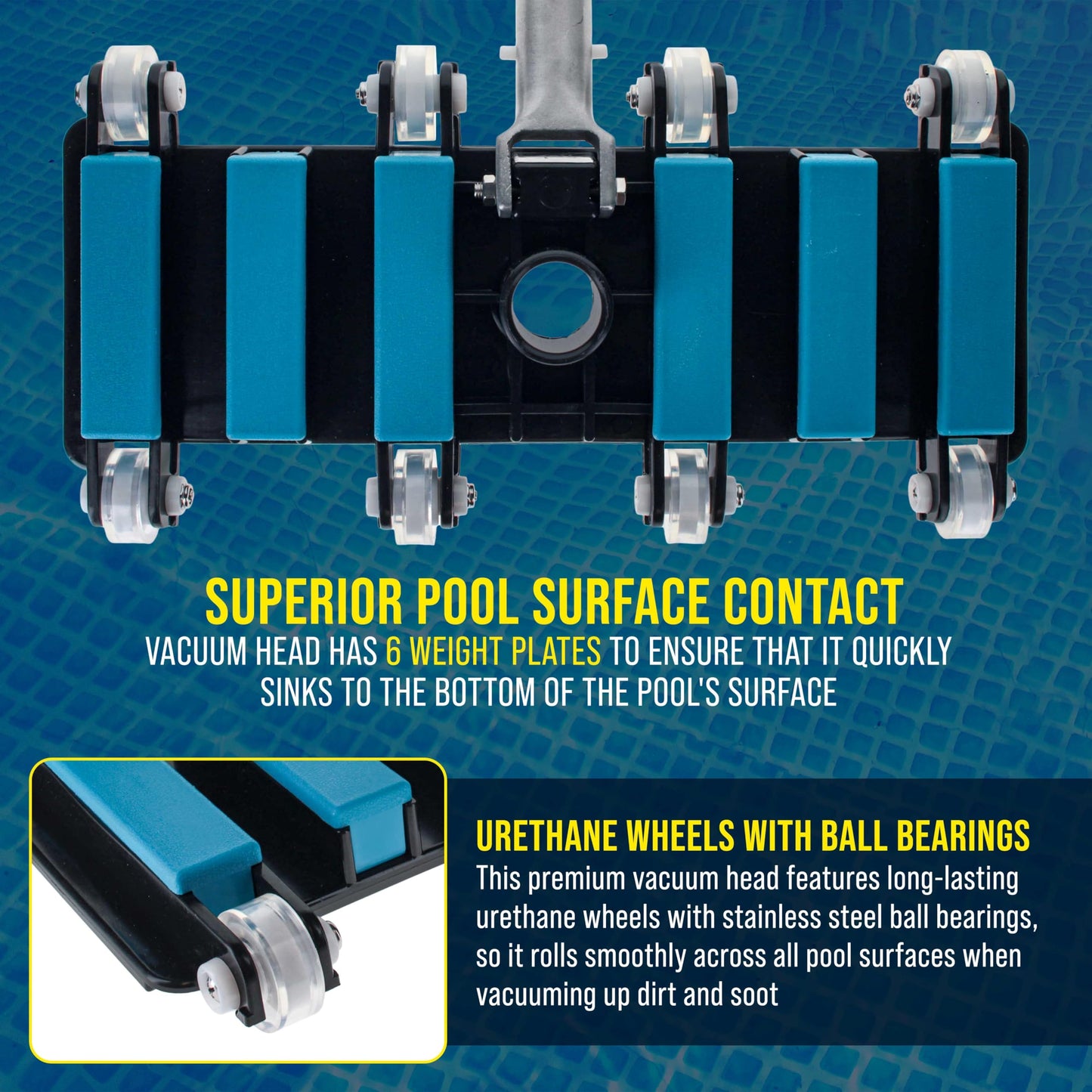 U.S. Pool Supply Manual Pool Vacuum Head for Inground Pools, Flexible, Extra-Wide, Weighted - 6 Weights, Blue, Connect 1.5" Hose, Metal Pole Handle - Swimming Cleaning Accessory Attachment, Vac