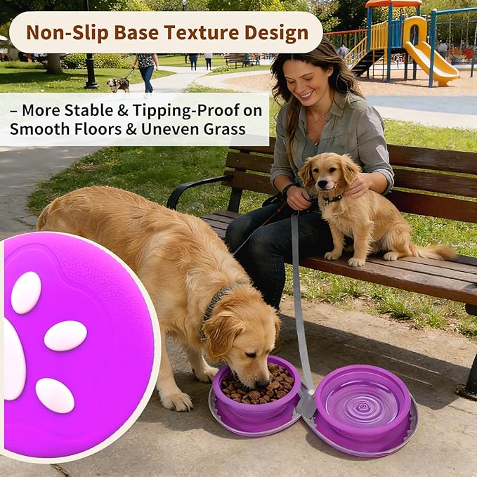 Collapsible Dog Bowls, 2-in-1 Silicone Pet Food and Water Bowl with Carabiner, Portable Double Compartment Dish for Travel, Camping, Hiking Puppy Essentials (Purple)