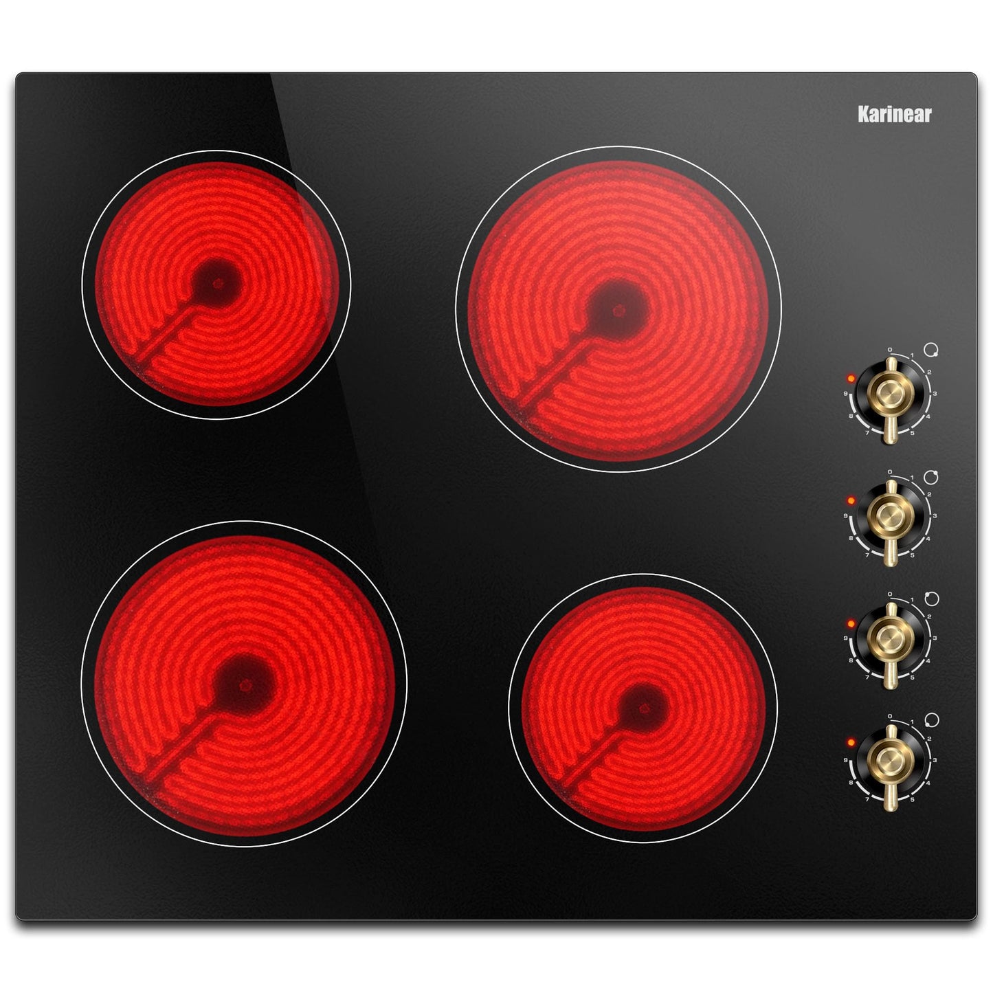 Karinear 24 Inch Electric Cooktop 4 Burners Electric Stove, Knob Control,6000W, Built-in Radiant Hob,Residual Heat Indicator, Overheat Protection,Hardwired 220V Radiant Ceramic Stove(Gold Knob)