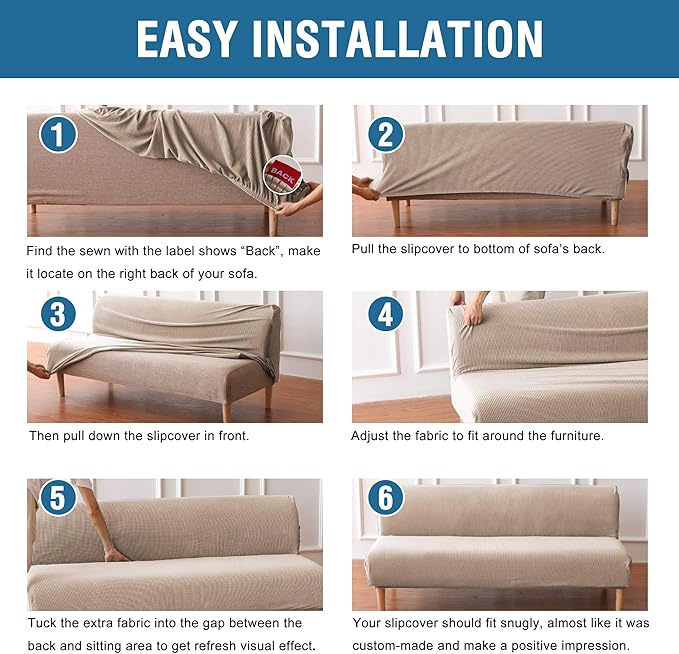 H.VERSAILTEX Armless Futon Cover Stretch Sofa Bed Slipcover Protector Elastic Feature Rich Textured High Spandex Small Checks Jacquard Fabric Futon Cover, Machine Washable, Sand