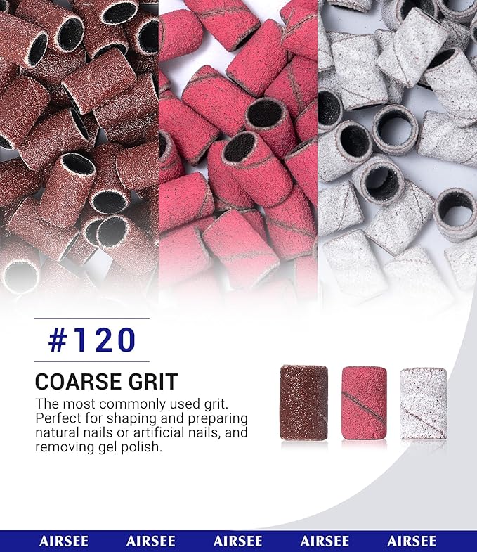 AIRSEE Sanding Bands for Electric Nail Drill 100 Piece Set 120 Grit Coarse Acrylic File Attachments Professional 1 Sander Mandrel Bit Beauty Salon Accessories Manicure and Pedicure Finger Callus Pink