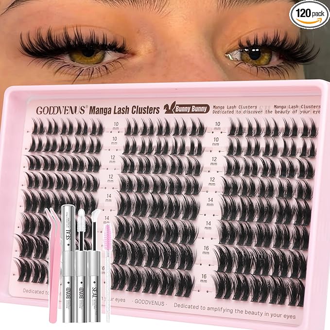 Fluffy Manga Lash Clusters Kit, Natural Wispy Cluster Eyelash Extensions, DIY Lash Extension at Home For Dolly Anime Look, Fairy Individual Lashes Kit with Waterproof Bond and Seal