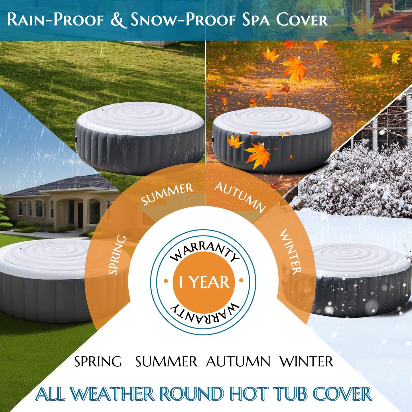 Inflatable Hot Tub Cover Round, Fits Saluspa Coleman Intex Cover, Thermal Insulated & Energy-Saving Weatherproof Protector, Unique Design Flexible Adjust Pool Cover Size Replacement-Life Time Support