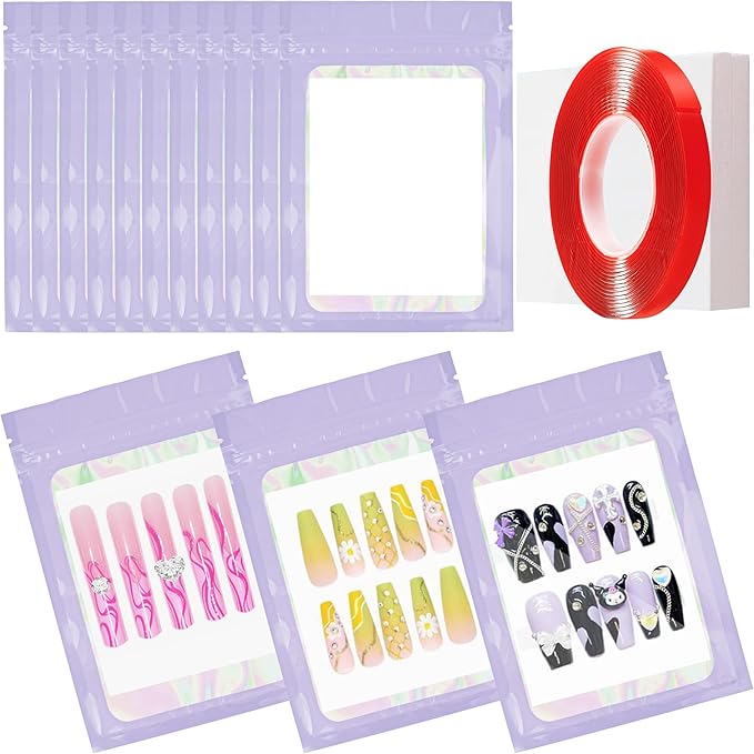 100PCS Empty Solid Purple Holographic Nail Storage Bag Press on Nail Packaging Bag and 100PCS Shiny white cardboard Nail Tips Packaging Bags with 1 Roll Transparent Tape