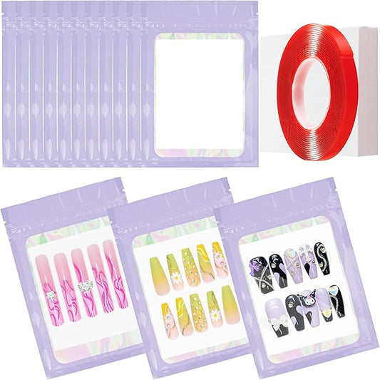 100PCS Empty Solid Purple Holographic Nail Storage Bag Press on Nail Packaging Bag and 100PCS Shiny white cardboard Nail Tips Packaging Bags with 1 Roll Transparent Tape