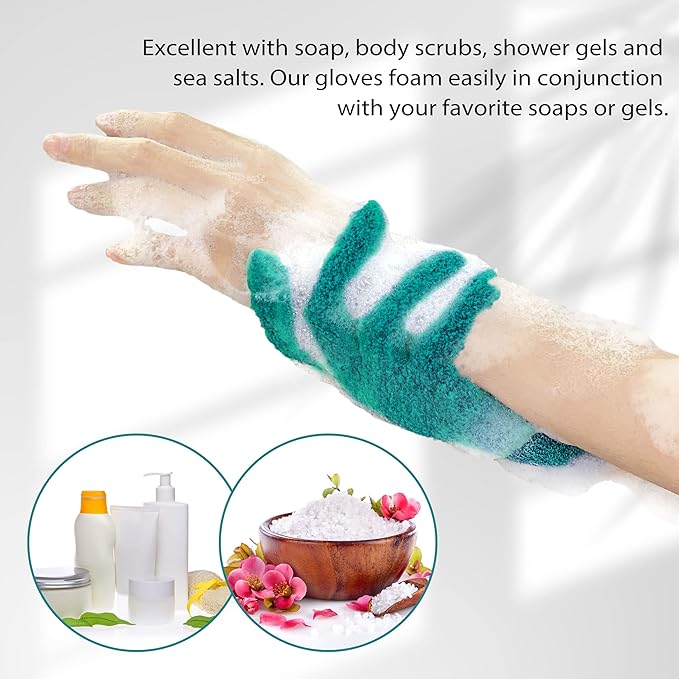 Evridwear Exfoliating Dual Texture Bath Gloves for Shower, Spa, Massage and Body Scrubs, Dead Skin Cell Remover, Gloves with Hanging Loop (1 Pair Deep Lake Heavy Glove)