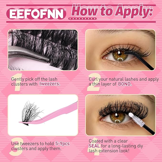 Eefofnn DIY Lash Extension Kit Fuzzy Mink Cluster Lashes Kit Natural Volume Eyelashes Extensions with Lash Bond and Seal Tweezers 50D Eyelash Clusters 10-18MM Fluttery Individual Lashes Extension Kit