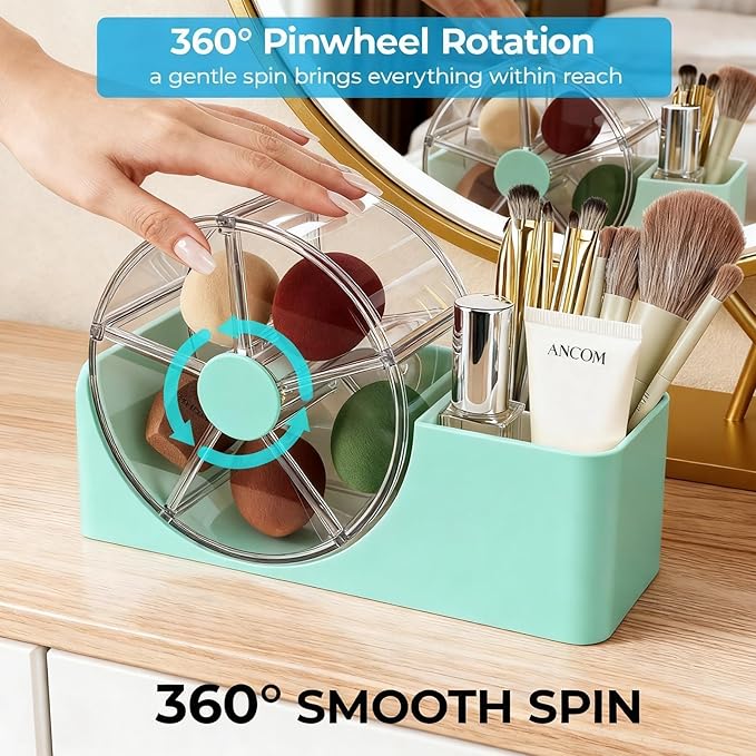 Hair Accessories Organizer for Girls, 2-Slot Hair Brush Holder & 5-Section Rotating Wheel, Cute Makeup Brush Holder for Hair Tile, Clip, Makeup Brush, Earring, Ring, Kids Vanity Accessories (Seafoam)