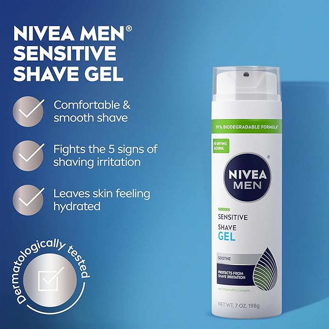 NIVEA MEN Sensitive Shave Gel, Shaving Gel for Men with Sensitive Skin, Enriched with VitaminPro Complex, 7 Oz Can, Pack of 3