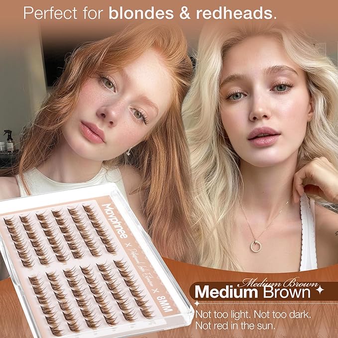 8MM Brown Lash Clusters Short Fluffy Individual Lashes with C Curl & Clear Band, Natural Look for Everyday Wear, Beginner-Friendly - Barely There & "No-Makeup" Makeup Essential