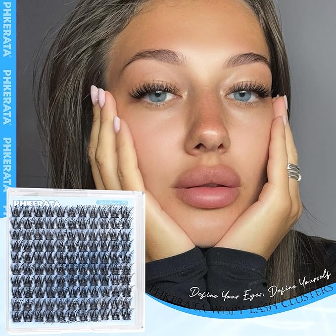 PHKERATA 12mm Wispy Lash Clusters Natural Cluster Eyelash Extensions DIY Individual Lashes C Curvature Eyelash Clusters for Daily Wear with Soft Lash Band
