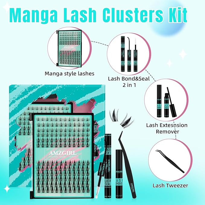 Manga Lash Clusters Kit 144PCS Fairy Eyelash Extension Kit with Lash Bond and Seal, Fake Eyelashes Clusters with Invisible Lash Band, Lash Glue Remover and Lash Applicators (8-18mm Kit,Black Bond)