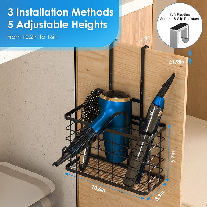 Hair Tool Organizer, Dryer Holder, 3 in 1 Blow Bathroom Organizer Wall Mounted/Cabinet Door for Flat Iron, Curling Straightener, Care & Styling Tools Storage Basket