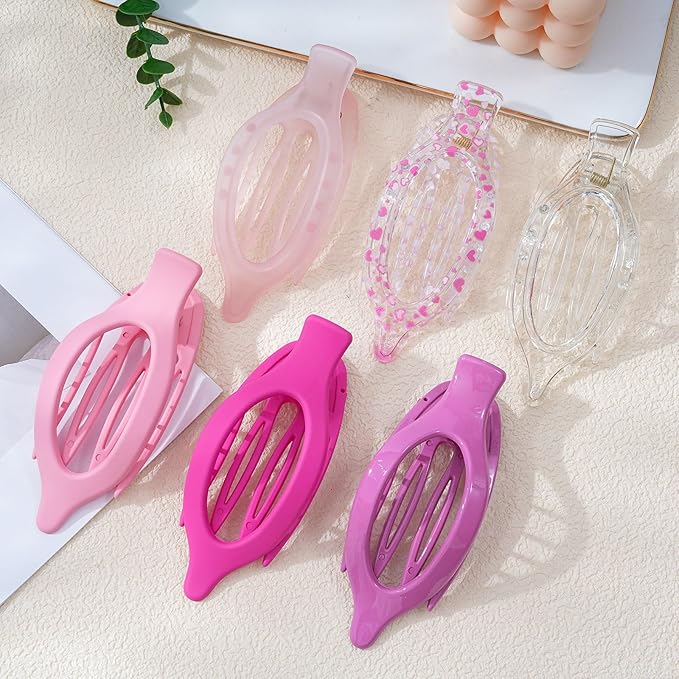 French Flat Hair Clips for Women - 6Pcs Flat Hair Claws for Thin Thick Hair Strong Hold No Slip Grip Hair Claw Clips for Women Girls (Flower (Pink))