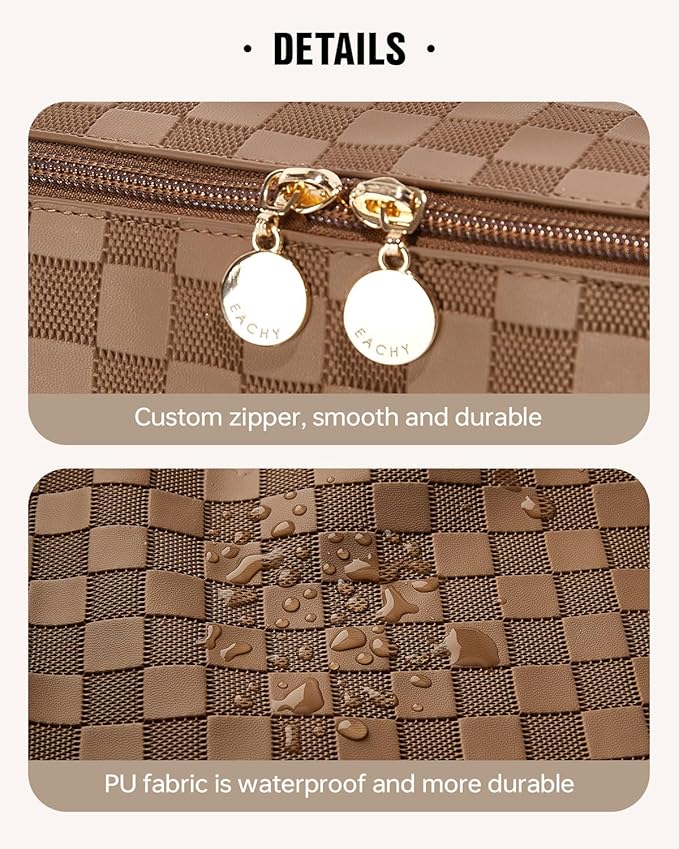 EACHY Travel Makeup Bag, Large Capacity Cosmetic Bag for Women, Waterproof PU Leather, Flat Open Portable Toiletry Bag for Skincare, Brushes & Travel Essentials