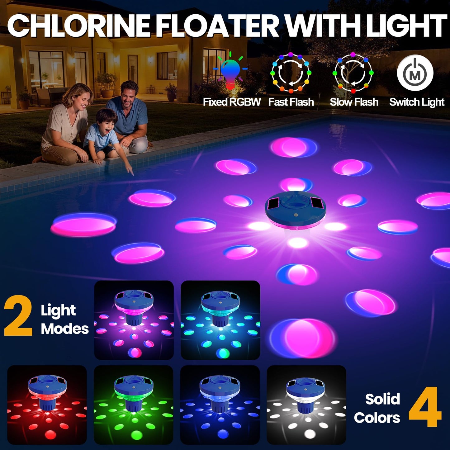 AquClor 2026 New Pool Chlorine Floater,Large Capacity Chlorine Floaters for 5 * 3'' Chlorine Tabs,Solar Chlorine Floater w/Light,Adjustable Floating Chlorine Dispenser for Pool,Hot Tub,Blue