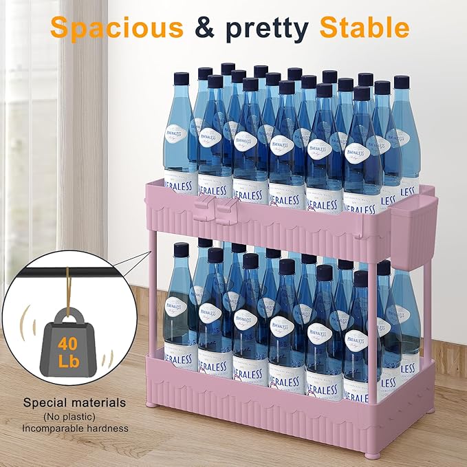 Sevenblue 2 Pack Under Sink Organizer, Under Bathroom Cabinet Organizer with Hooks Hanging Cup, Multi-Purpose Storage Shelf for Kitchen Bathroom (Pink, 12.8 Inch)