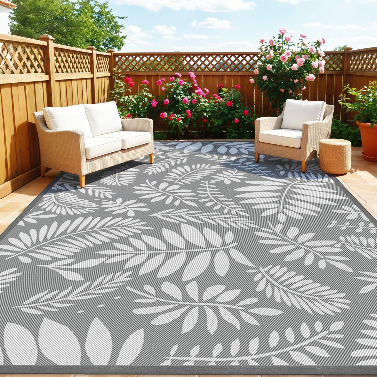 TitanCoziest Outdoor Rug for Patio - 6' x 9', Waterproof, Reversible Outdoor Plastic Straw Rugs with Reinforced Edges, Camping Mat Carpet for RV, Deck, Backyard, Balcony, Picnic, Beach (Leaf Gray)