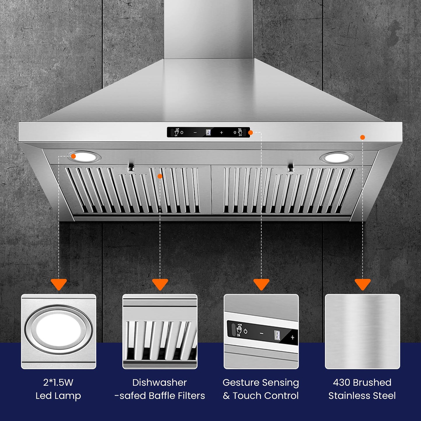 Wall Mount Range Hood 30 inch, 700 CFM Kitchen Hood Stainless Steel Stove Vent Hood with Gesture Sensing & Touch Control, Ducted/Ductless Convertible Duct, 3-Speed Fan, LED Lights, Baffle Filters