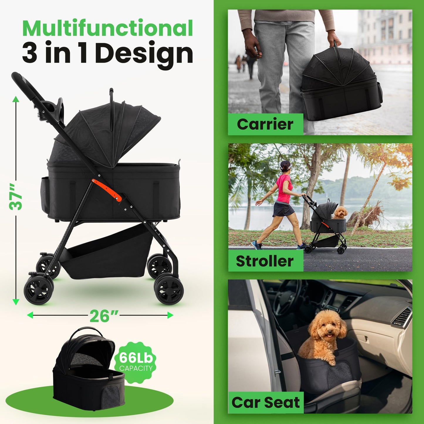 AdventEdge Pet Stroller 3 in 1 Foldable Dog Stroller, Cat Strollers, Foldable pet Strollers & Cat Carrier, Pet Carrier, Lightweight with Cup Holder, Waterproof & Breathable Mesh Canopy