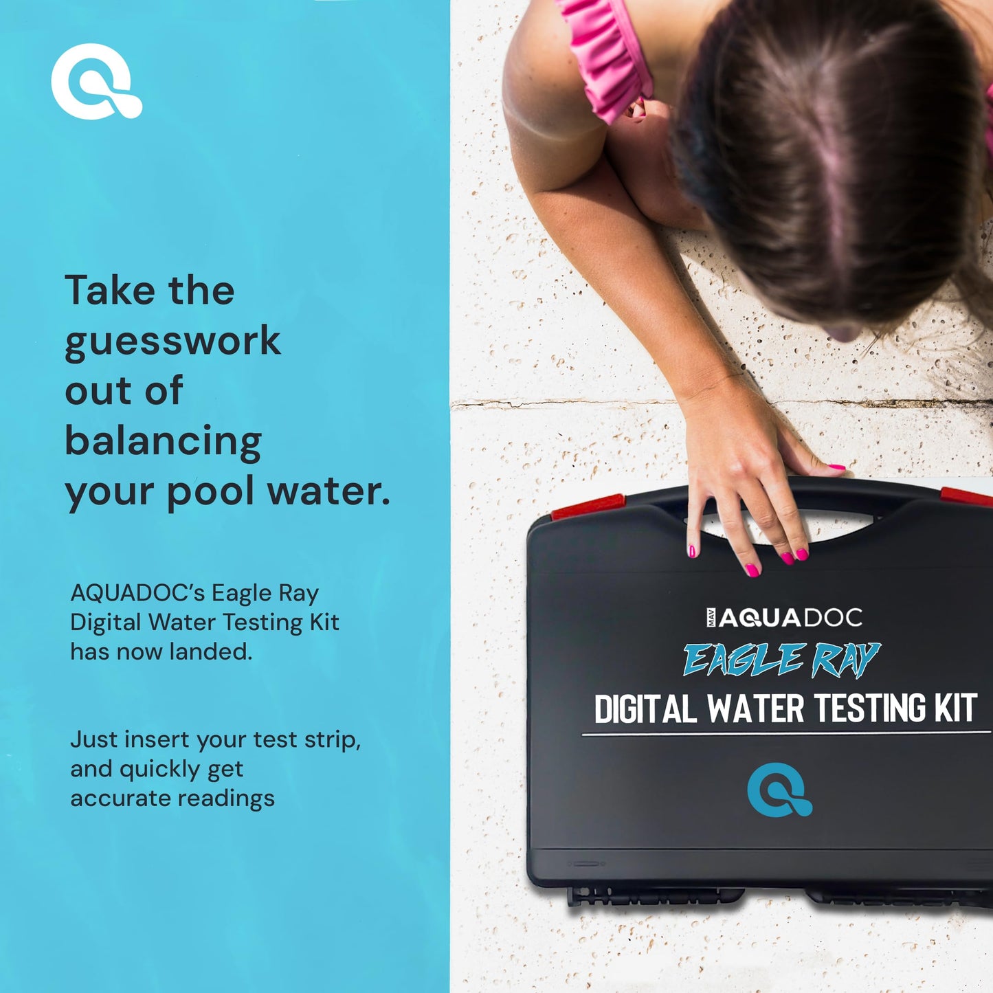 Eagle Ray Digital Pool Water Test Kit by AquaDoc with Digital Water Tester and 30 Pool Test Strips for Chlorine, Bromine, Total Hardness, Cyanuric Acid, Alkalinity, and pH