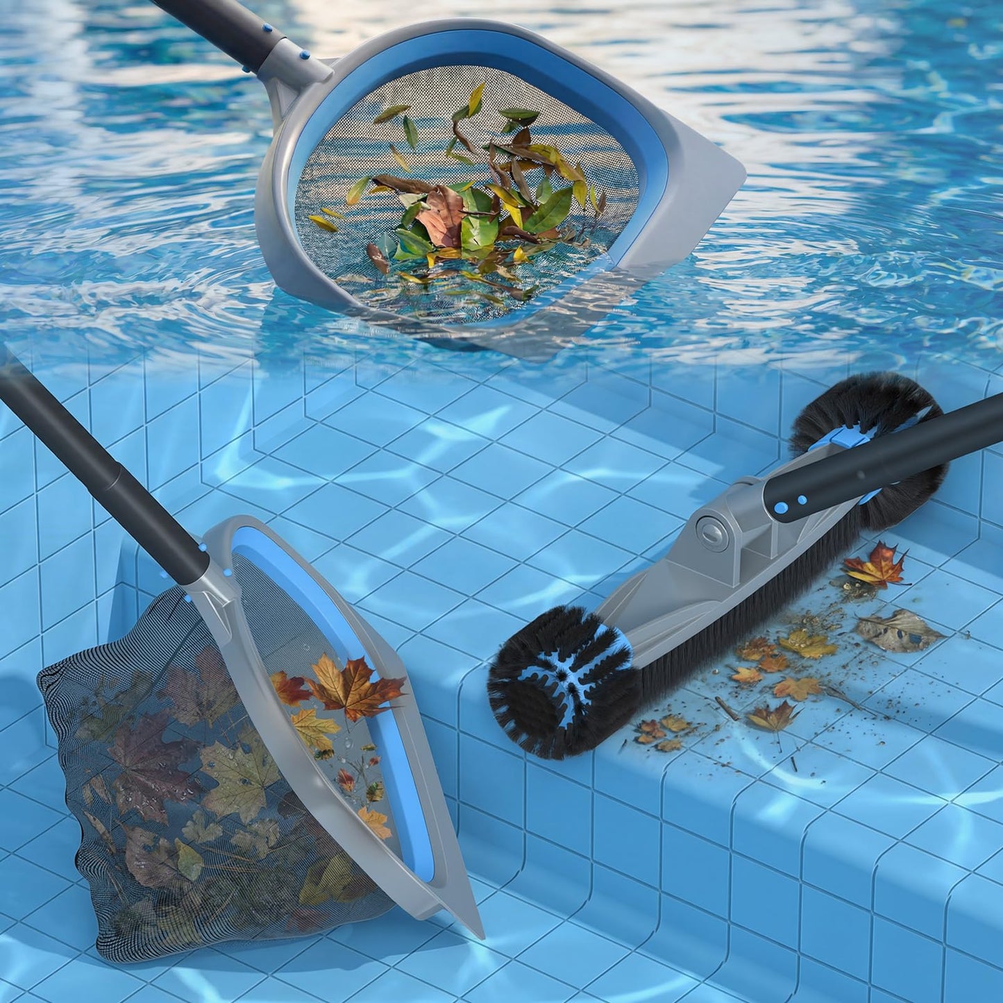 UIRWAY 4-in-1 Deluxe Swimming Pool Cleaning Kit - Includes Detachable Pool Brush, Heavy Duty Deep Leaf Skimmer Net, Fine Mesh Net, Extendable Aluminum Pole for Inground & Above Ground Pools Cleaning
