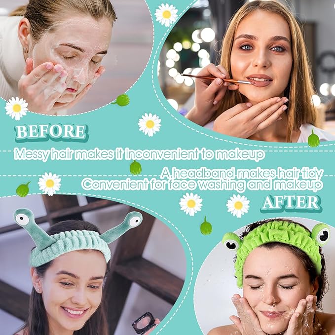 3 Pieces Face Wash Hairband Spa Headband Facial Makeup Hair Band Skincare Head Wraps Cartoon Elastic Head Band Cute Frog Snail Crab Creative Hair Accessories for Shower Beauty Sports