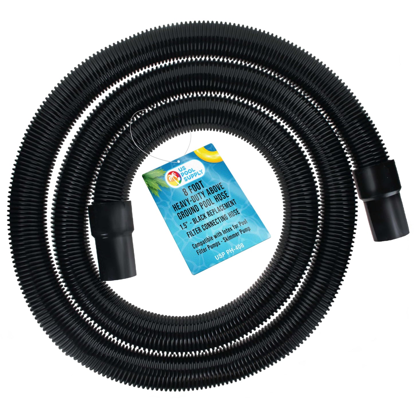 U.S. Pool Supply 8 Foot Heavy-Duty Above Ground Pool Hose, 1.5" - Black Replacement Filter Connecting Hose, Flexible Spiral Wound EVA - Compatible with Intex for Pool Filter Pumps - Skimmer Pump