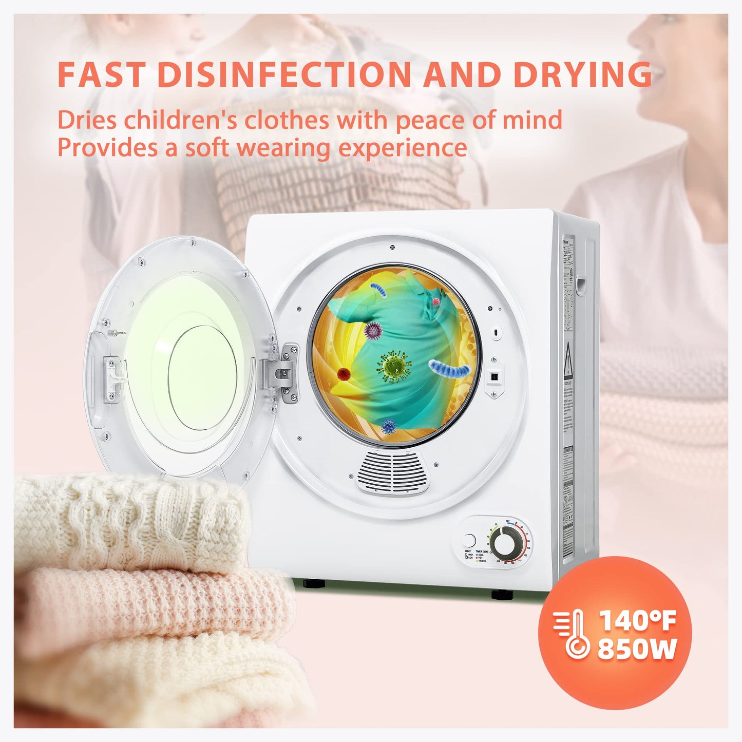 Euhomy Portable Dryer 1.5 cu. ft., 850W Powerful Clothes Dryer with Stainless Steel Drum and Exhaust Hose, Dryer Ideal for Apartments, RVs, Dorm Rooms，White