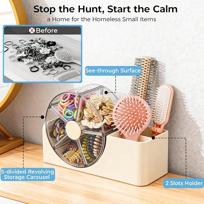 Hair Accessories Organizer for Girls, 2-Slot Hair Brush Holder & 5-Section Rotating Wheel, Cute Makeup Brush Holder for Hair Tile, Clip, Makeup Brush, Earring, Ring, Kids Vanity Accessories (Cream)