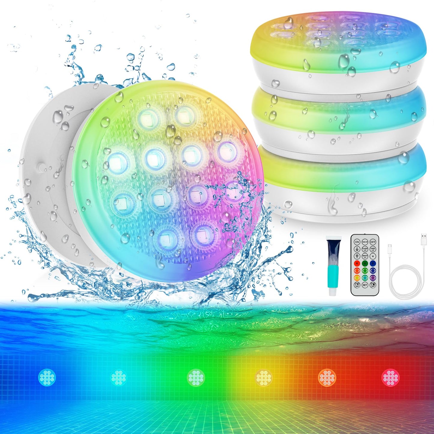 Pool Lights(4 PACK), Ultra-High Brightness Rechargeable Submersible Pool Lights with Remote, IP68 Waterproof 22 Colors Changing Light 2600mAh Magnet LED Underwater Light for Pools, Hot Tub, Ponds