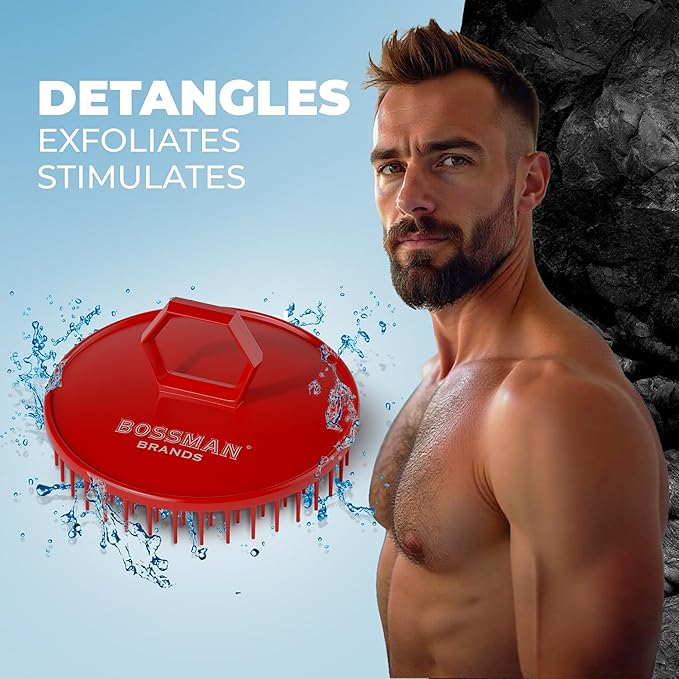 Bossman Scalp Massager & Shampoo Brush (3 inch, Red) – Scalp Exfoliator Brush – Head Scrubber, Beard Exfoliator & Dandruff Control for Hair & Beard with Firm Bristles
