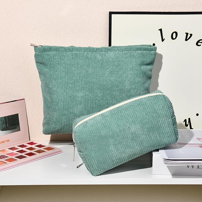 SOIDRAM 2 Pieces Makeup Bag Large Corduroy Cosmetic Bag Capacity Canvas Mix Travel Toiletry Bag Organizer Cute Makeup Brushes Aesthetic Accessories Storage Bag for Women, Corduroy Mix Green