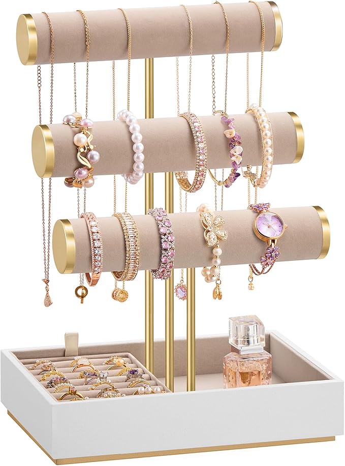 SONGMICS Bracelet Holder Stand, Jewelry Display Stand, Jewelry Organizer, with 3 Tiers and Velvet Tray, Removable Ring Holder, Cloud White and Camel Brown UJJS027A01