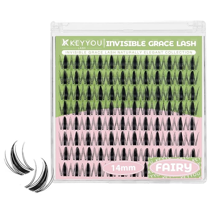 KEYYOU Fairy Lash Clusters 96Pcs D Curl 14MM Manga Lash Extension Eyelash Extension Wispy Natural Invisible Band Lash with Waterproof DIY Lash Extension at Home(Fairy-D-14MM)