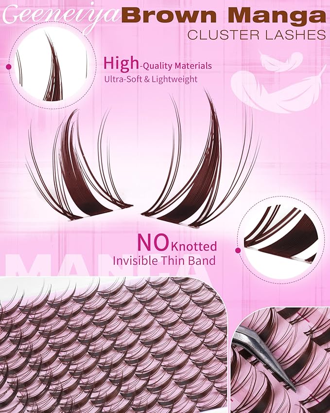 Geeneiya BROWN MANGA Lashes Clusters Kit DIY Lash Extension, 8-18MM Invisible Band Lash Clusters, Soft C Curl Cluster Eyelash Extensions Kit with Waterproof Lash Bond and Seal, Lash Remover, Tweezers