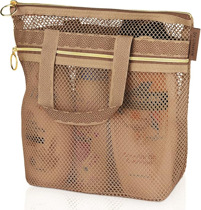 DV Lifestyle Mesh Shower Bag 10.2x9.9'' Quick-Dry Caddy with Zipper & 2 Pockets. Portable Toiletry Tote for Bathroom, Gym, Travel, Camp, Beach, for Sunscreen, Dorm & College Essentials (Brown)