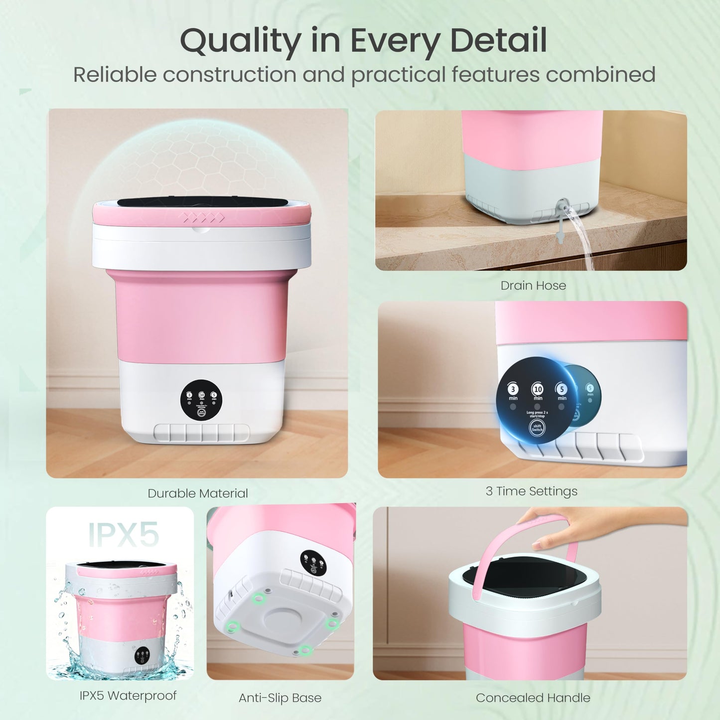 Portable Washing Machine - 16L Mini Foldable Washer with Spin Basket, 3 Cleaning Modes & Deep Cleaning for Small Clothes, Collapsible Laundry for Apartment, Home, Hotel and Travel (Pink)