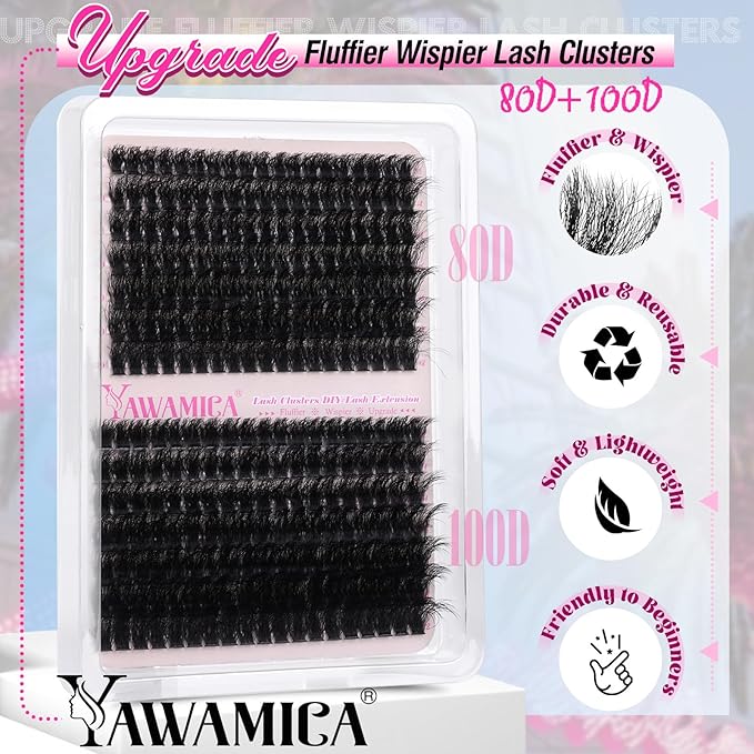 Yawamica Wispy Eyelash Clusters 12-18mm Mix 80D 100D Volume Fluffier Cluster Lashes D Curly Lash Clusters 280PCS Individual Lashes DIY Lash Extension by Self