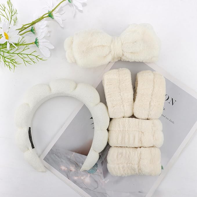AOPRIE SPA Headbands for Washing Face Makeup Headbands with Bow Hair Band Women Facial Head Band Wrist Towel Wraps For Shower Face Mask White Style White, 6 Pack