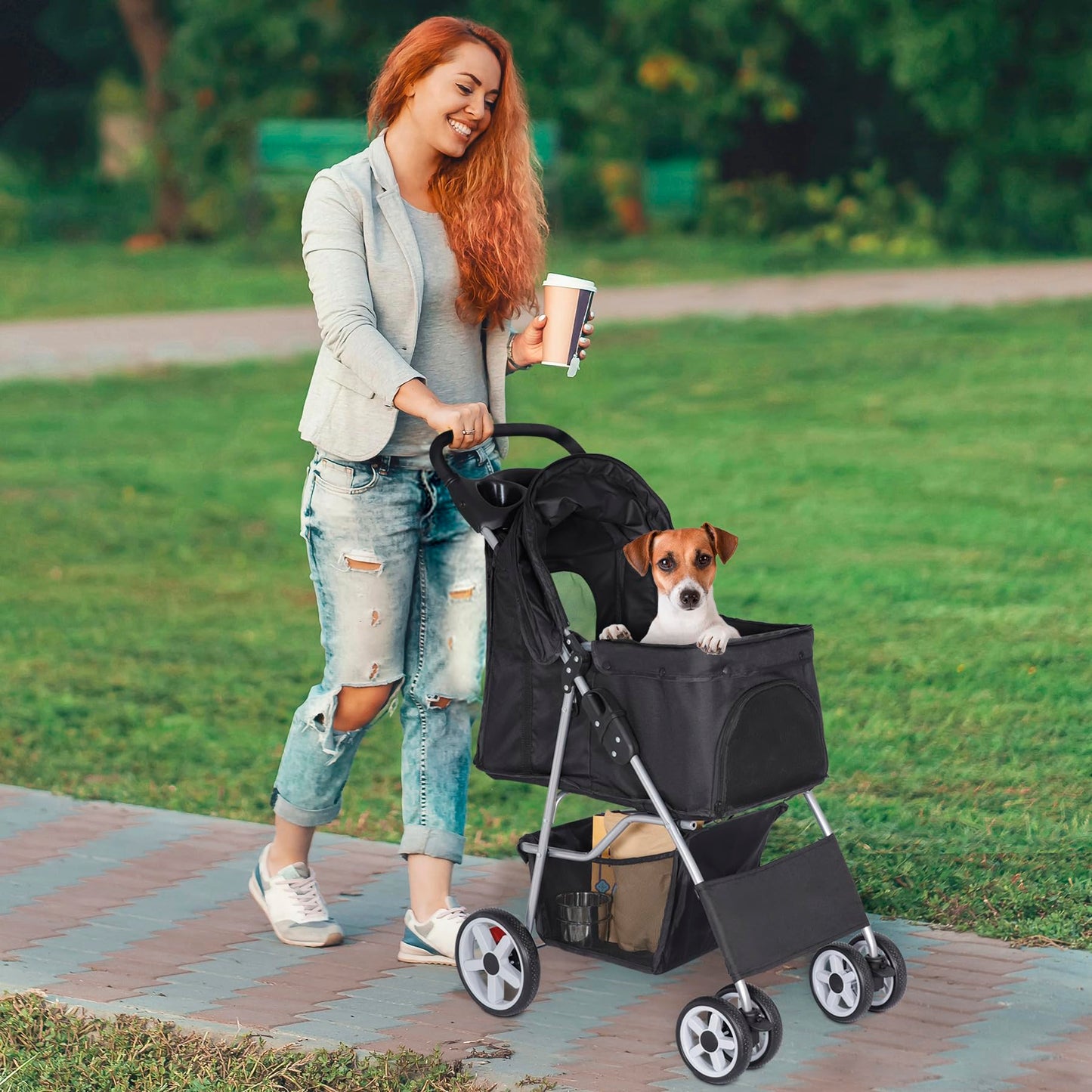 Epetlover Pet Stroller for Dogs, Black 4 Wheels Cat Strolling Cart Foldable Travel Carrier, Waterproof Puppy Jogger Stroller with Storage Basket & Cup Holder