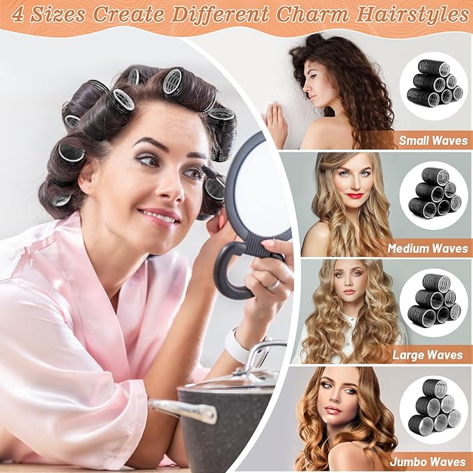 Hair Curler Rollers for Women 24PCS Heatless Hair Roller with 12PCS Clips, 4 Sizes（Jumbo Large Medium Small）Self Grip Holding Hair Rollers for Long Medium Short Thick Fine Volume Thin Bangs Hair
