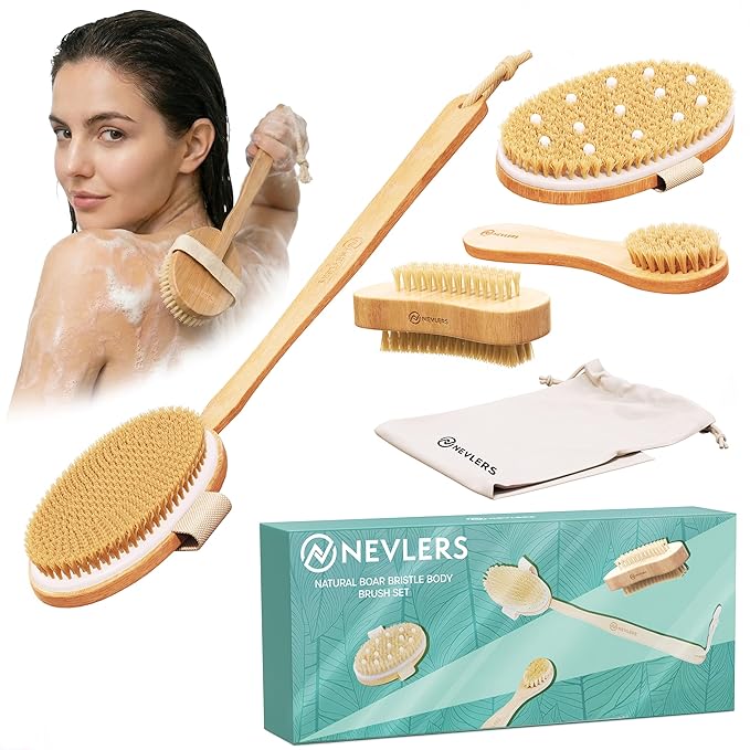 Nevlers Natural Boar Bristle Dry Brush for Body Massage 5-Piece Set | Detachable Long Wooden Handled Back Scrubber for Shower, Body Scrubber Exfoliator, Face Brush, Manicure Tool & Cloth Travel Bag