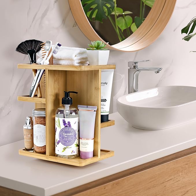 Sorbus 360ÃÂ° Makeup Organizer - Bamboo Wood Make Up Storage Carousel for Cosmetics, Skin Care Rotating Makeup Organizer for Vanity, Bathroom Storage