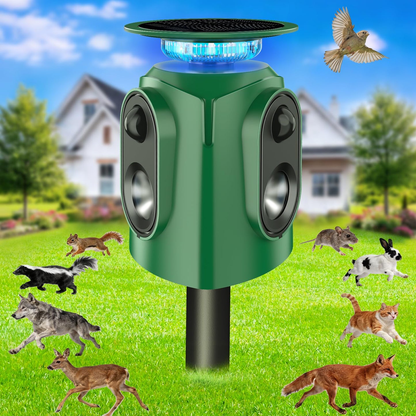 360° Solar Animal Repellent,Ultrasonic Cat Repellent Outdoor,Solar Animal Repeller with Motion Sensor,Waterproof Rabbit Repeller with Flashing Light Defender Dog Squirrel Deer Birds for Yard Orchard