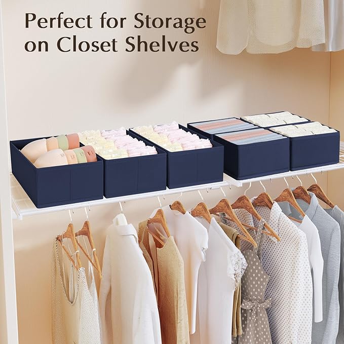 DIMJ Drawer Organizers Clothes, Set of 12 Dresser Organizer Bins, Fabric Closet Organizers and Storage, Shallow Drawer Dividers for Nursery, Clothing, Baby Clothes, Socks, Underwears, Tie (Navy Blue)