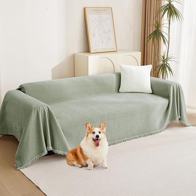 MYSKY HOME Easy Fitted Couch Cover for Dogs - Stain Resistant Sage Sofa Cover for 2 Cushion Loveseat - Multi-Use Sectional Universal Tassel Throw 91"X 118"
