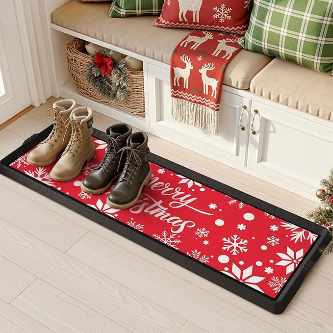 Christmas Boot Tray Mat - Heavy Duty Snow & Water Catch Tray, Waterproof Rubber Shoe Mat with Lip for Entryway, Indoor & Outdoor Holiday Decor Storage (16"x48")