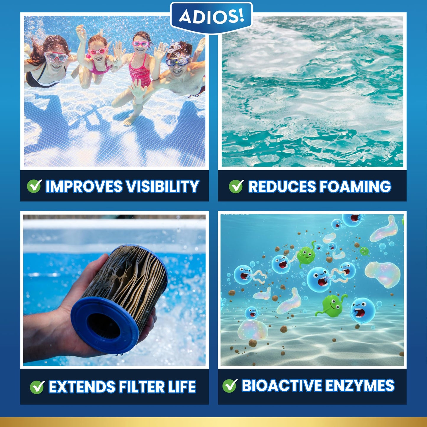 Adios! Pool Opening Treatment - Starter Enzymes for Above Ground Pools and Inground, Treats 40,000 Gallons for Winter Start Up Chemicals - 32oz (Quart)