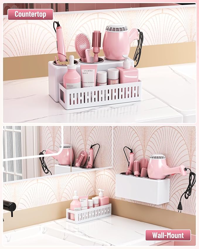 Hair Tool Organizer, Detachable Hair Dryer Holder with 3 Stainless Steel Cups, Wall Mounted Bathroom Organizers and Storage for Accessories, Curling Irons, Straighteners, Toiletries, Makeup
